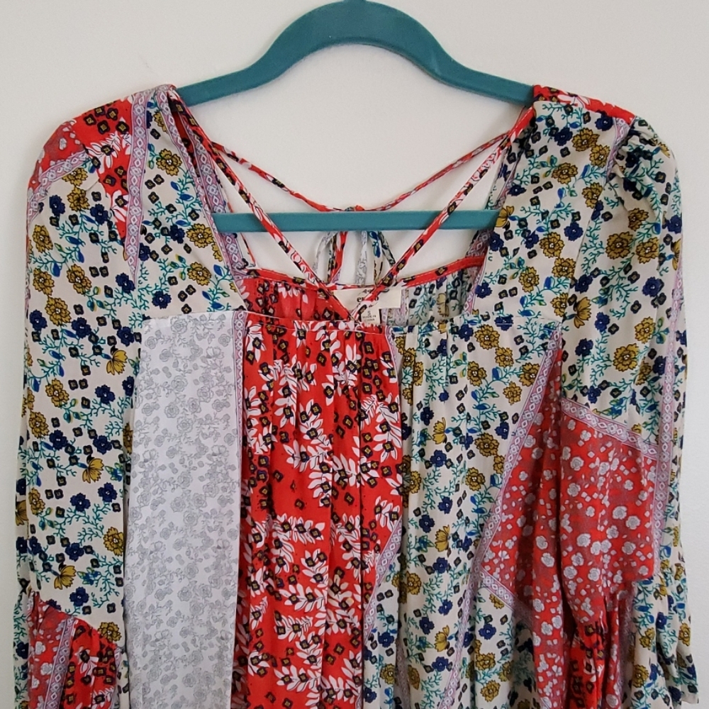 Entro Red, Blue & White Patchwork Fabric Boho Top… - image 2